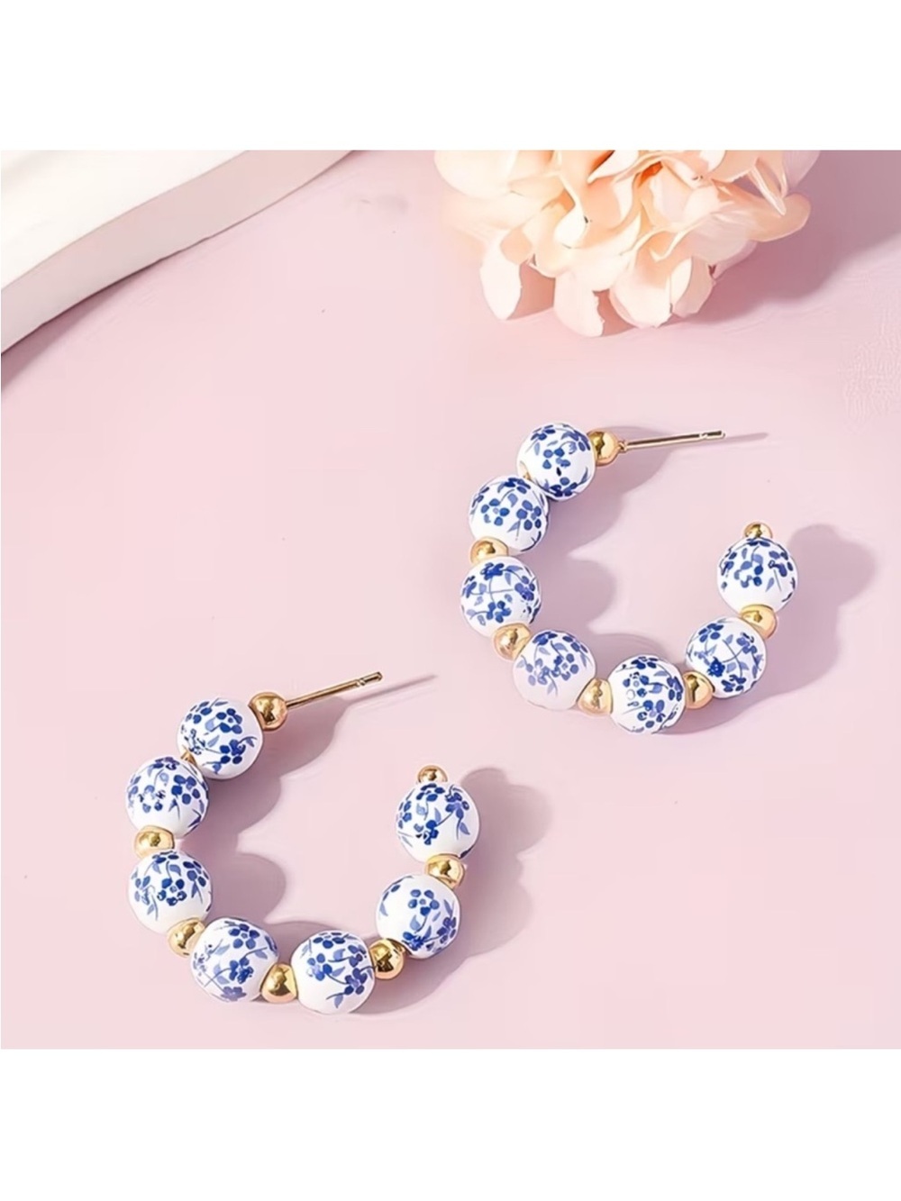 NEW! Elegant Blue Floral and Gold Hoop Bead Earrings. 💙 Cute Trendy (A1-48)